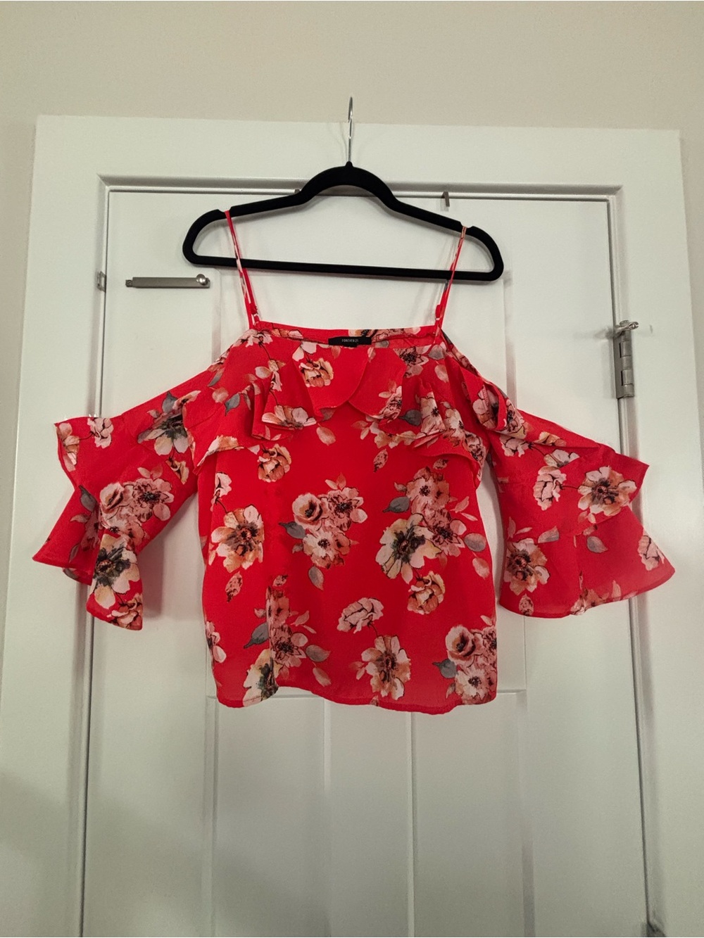 Forever 21 Coral Red Floral Cold-Shoulder Ruffle Blouse